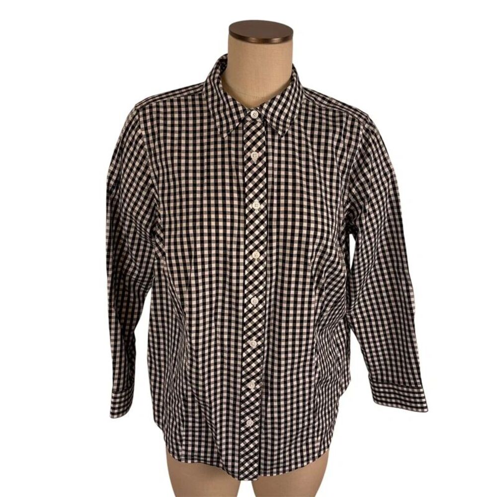 Talbots Womens 14WP Non Iron Shirt Black White Gingham Cotton Stretch Button Up